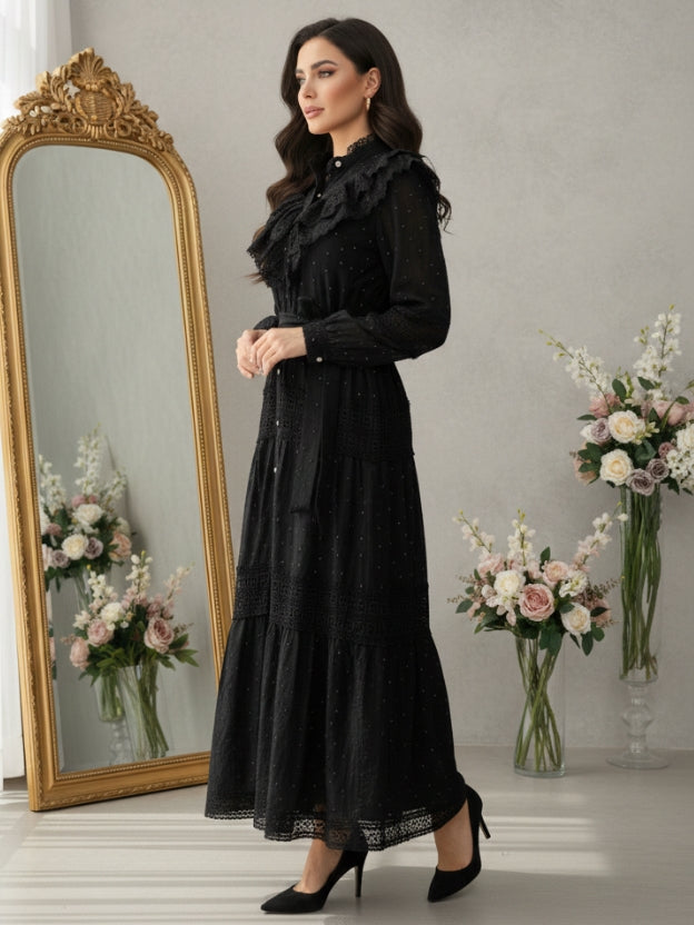 Elegant Lace Collar Tiered Midi Dress