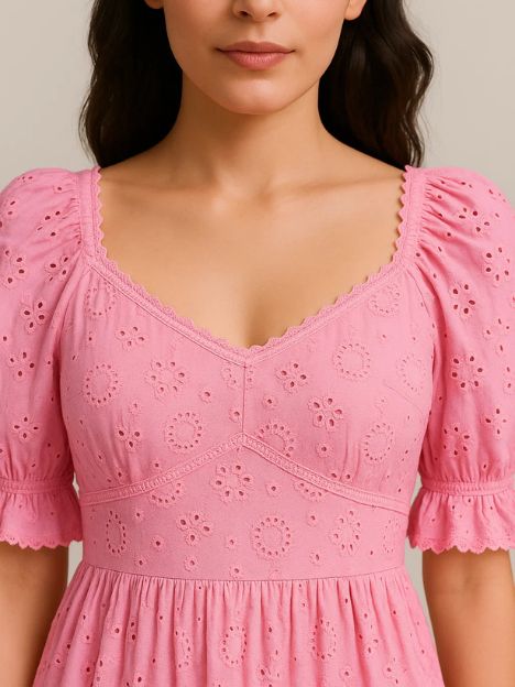 Estelle Pink and Green Laced Organic Hakooba Schiffli Midi Dress