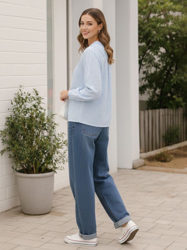 Embroidered Peter Pan Collar Button-Down Shirt