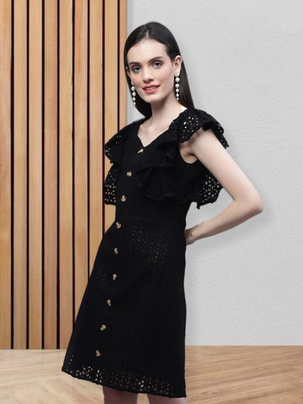 Embroidered Flutter Sleeve A-Line Cotton Dress