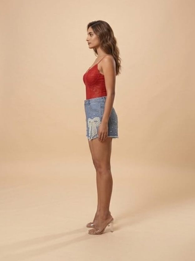 Bow Charm Embellished Denim Shorts