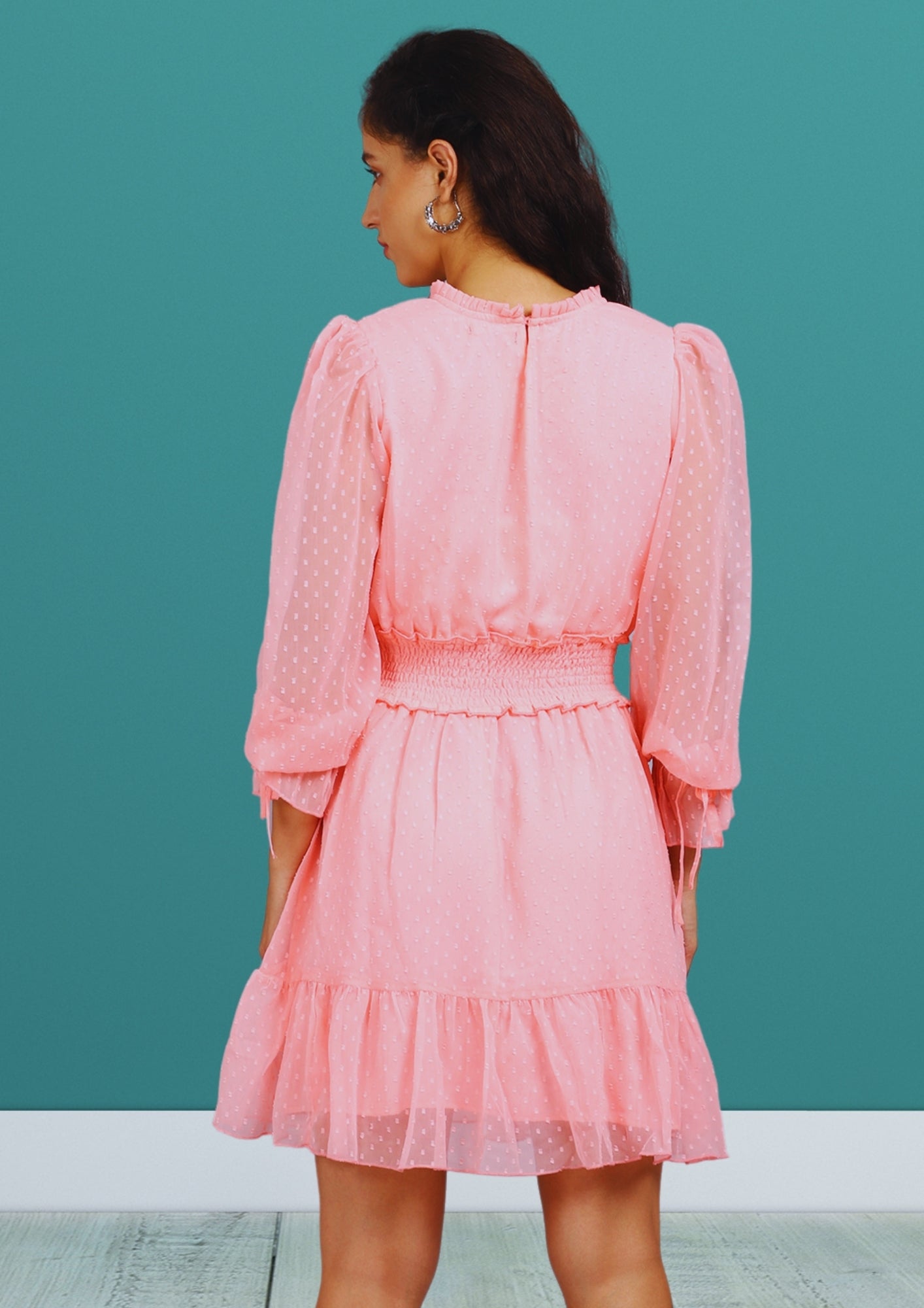Tie-Up Neck Puff Sleeve Georgette A-Line Dress