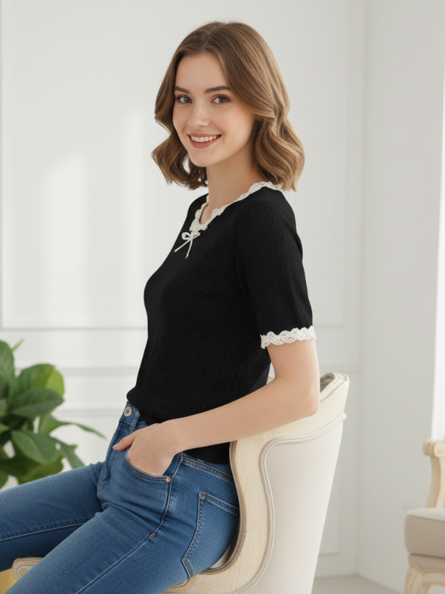 Black Lace Trim Knit Top Short Sleeve