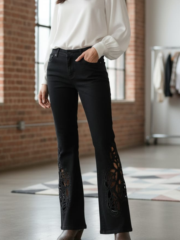 Black Flared Denim Jeans with Lace Panel Detailing