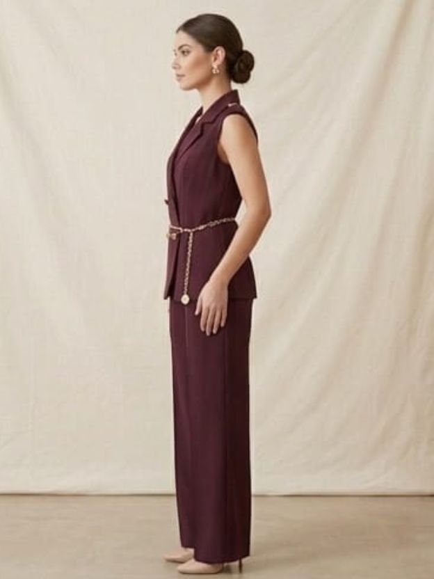 Women's Tailored Double-Breasted Waistcoat and High-Waisted Pant Set in Deep Plum