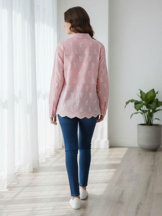 Sweetheart Scallop Hem Embroidered Pink Cotton Shirt