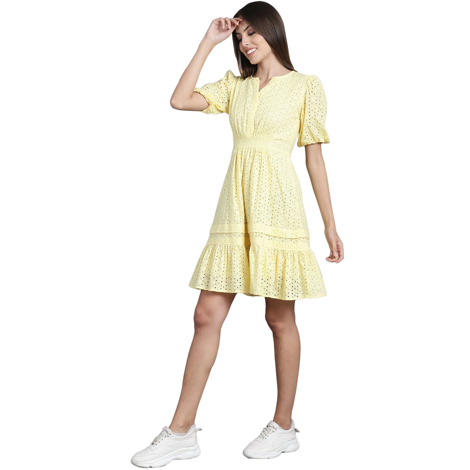 Women Embroidered Puff Sleeve Fit & Flare Dress