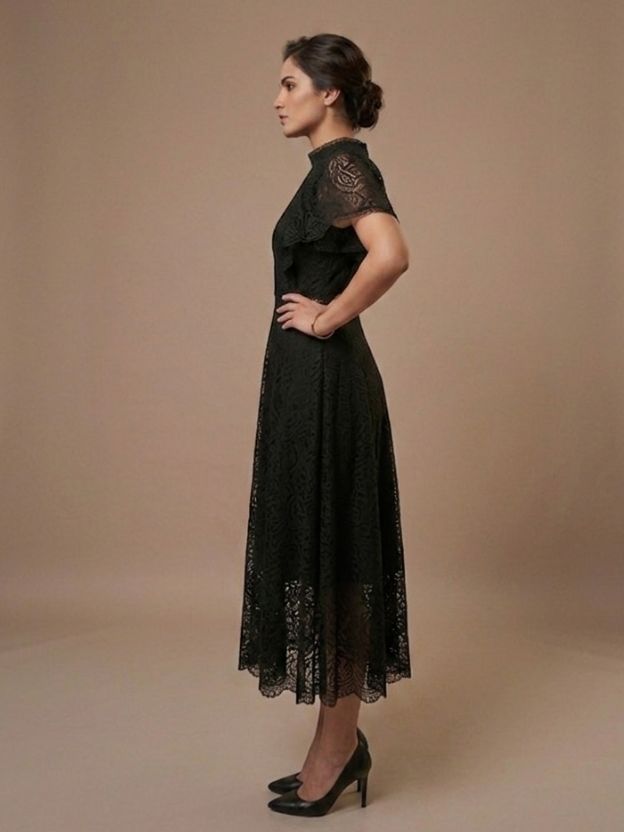 Elegant Lace Fit & Flare Midi Dress with Sheer Sleeves