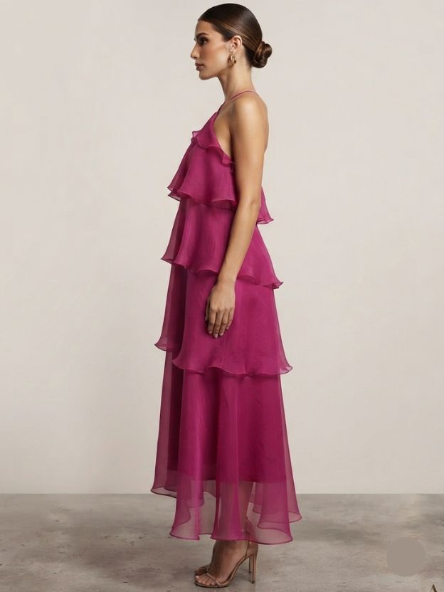 Women's Layered Organza Maxi Dress | Pink Halter Neck Party Wear Dress