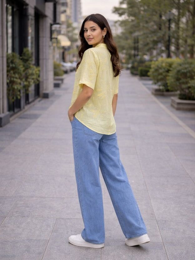 Women’s Embroidered Cotton Shirt – Summer Casual Short Sleeve Button Down Top