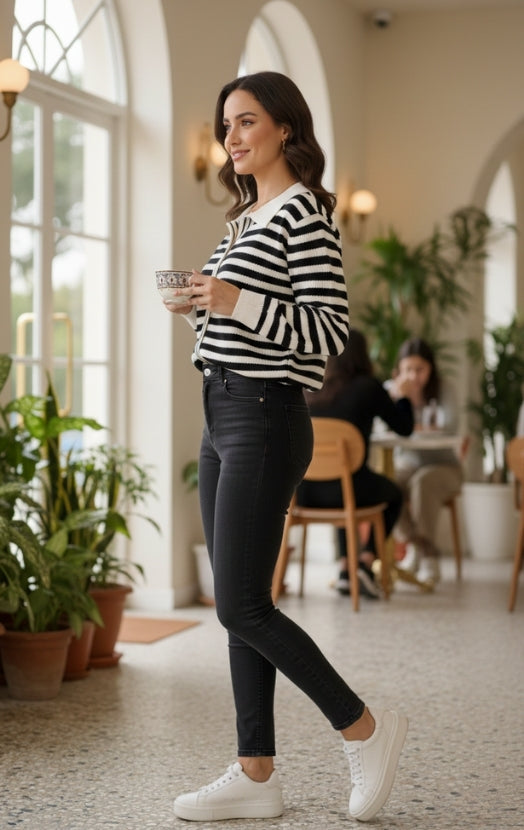 Women’s Striped Knit Polo Top – Long Sleeve Casual Chic Sweater