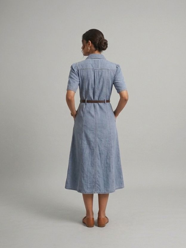 Denim Midi Shirt Dress - Fit and Flare Button-Down Utility Dress