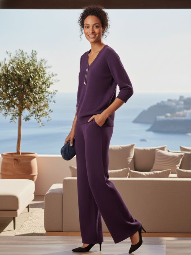 Woman in a purple outfit standing in an outdoor setting with a scenic background