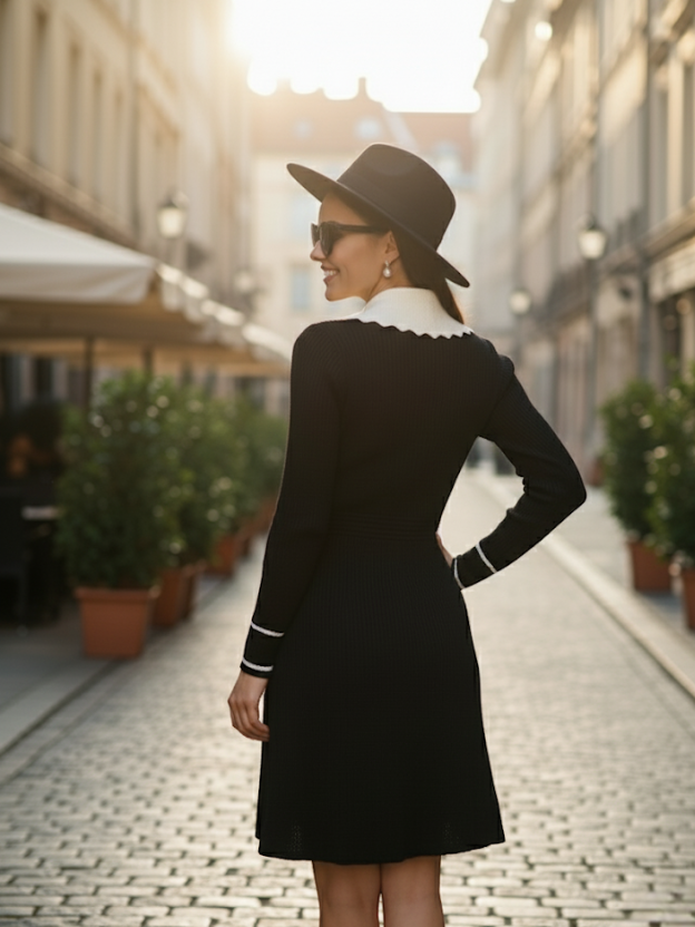 Monochrome black mini dress with white collar and pocket accents