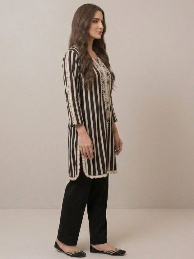 Elegant Striped Embroidered Co-Ord Set