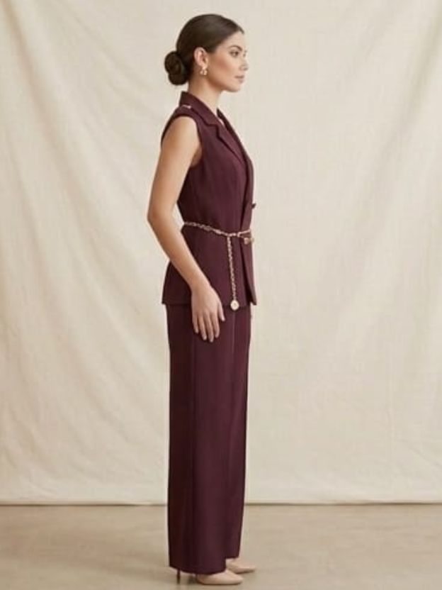 Women's Tailored Double-Breasted Waistcoat and High-Waisted Pant Set in Deep Plum