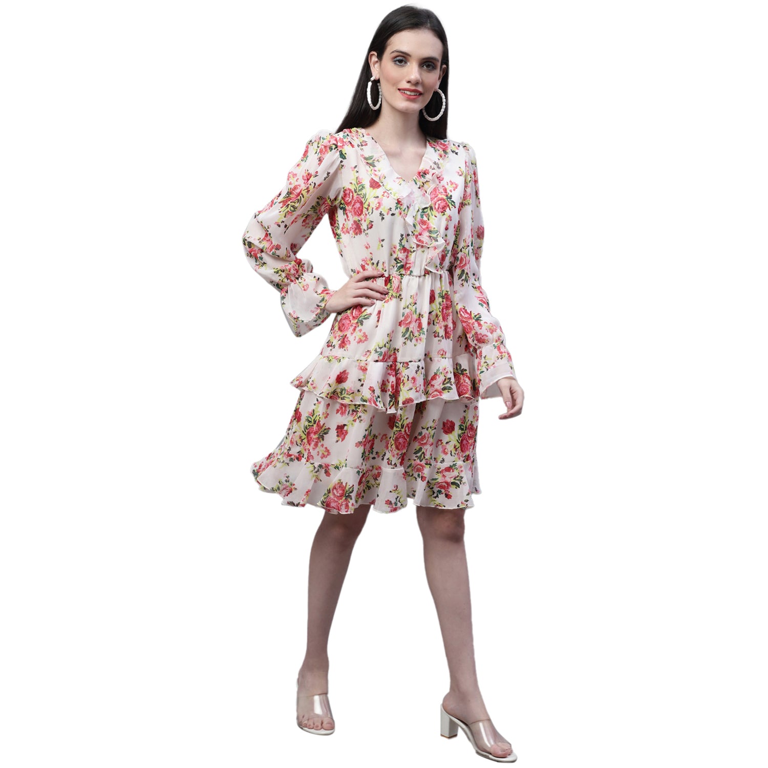 Floral Print V-Neck Bell Sleeve Ruffled Georgette Tired Fit & Flare Dress
