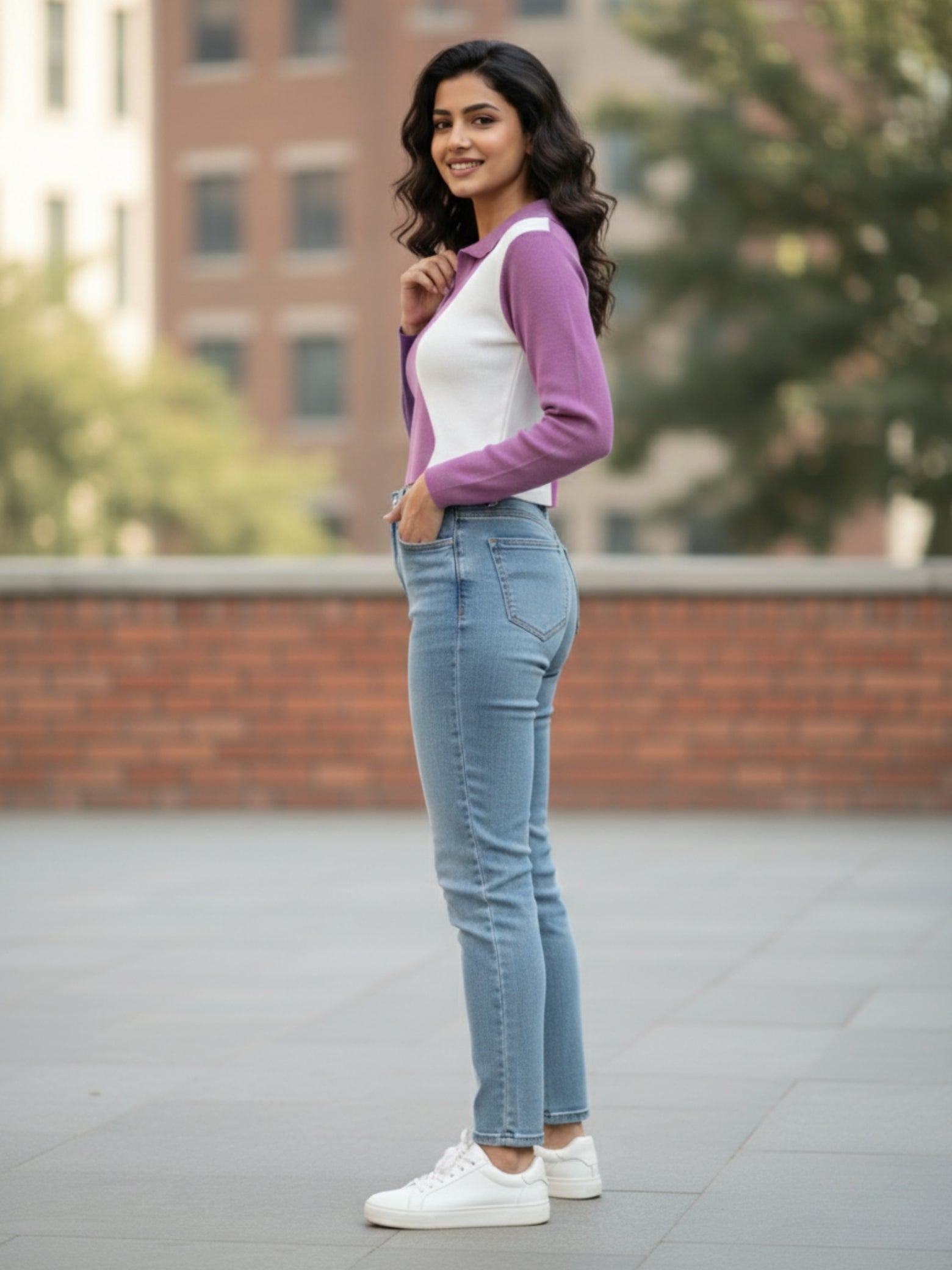 Stylish Colorblock Collared Knit Top for Women – Smart Casual Pullover