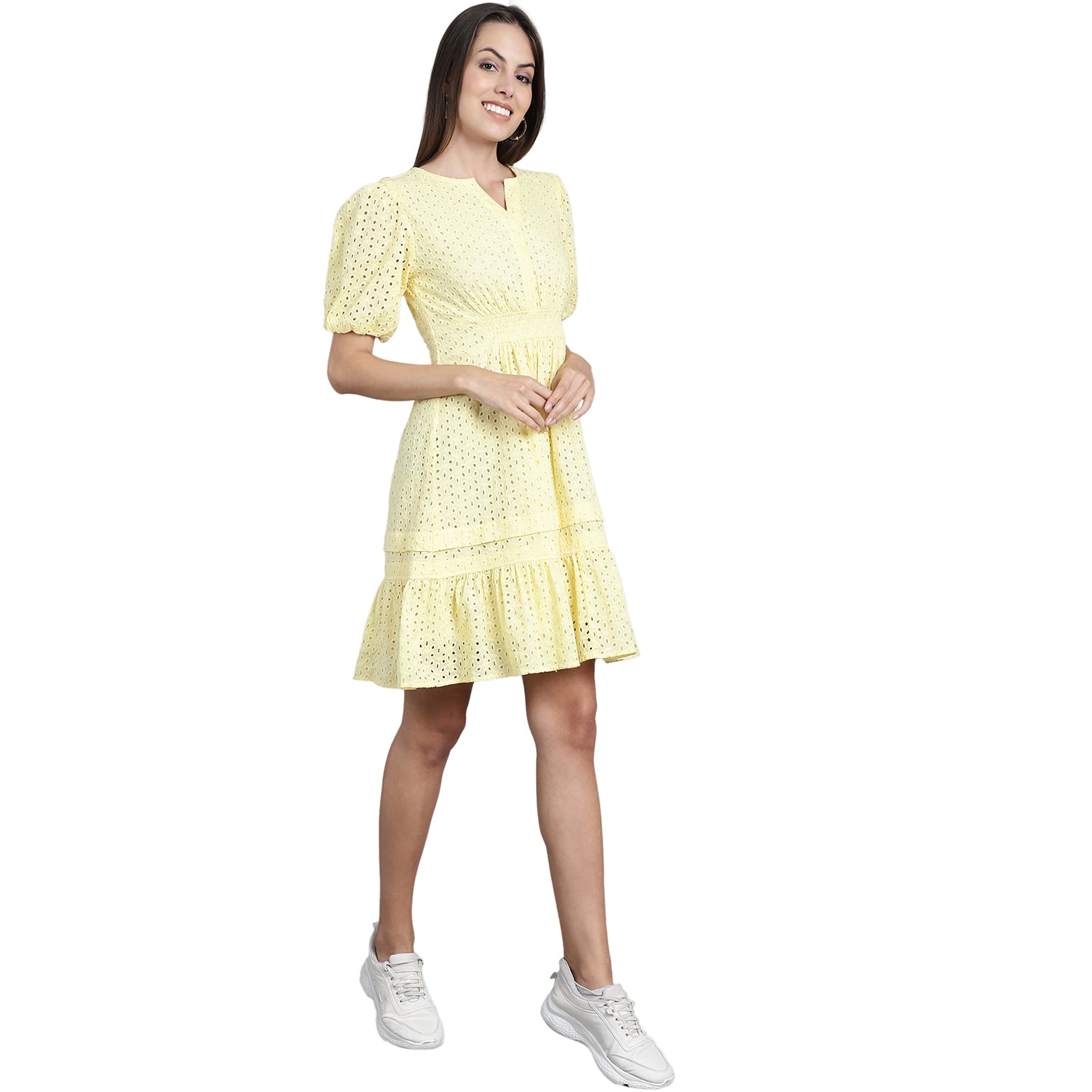 Women Embroidered Puff Sleeve Fit & Flare Dress