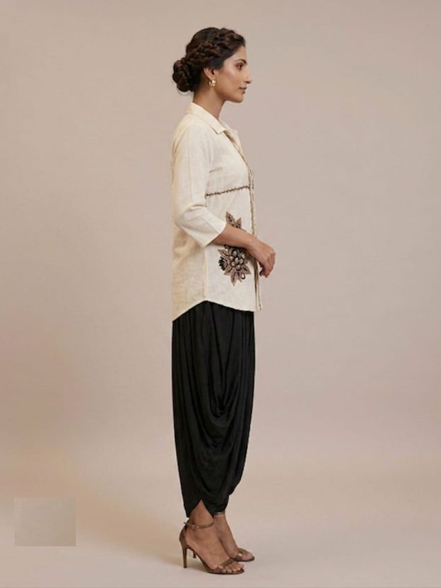 Indo-Western Harem Pant Set – Embroidered Shirt & Draped Bottoms