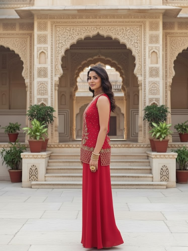 Crimson Royalty Embroidered Palazza Set