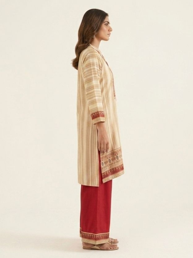 Elegant Beige & Red Ethnic Co-Ord Set with Embroidered Kurta