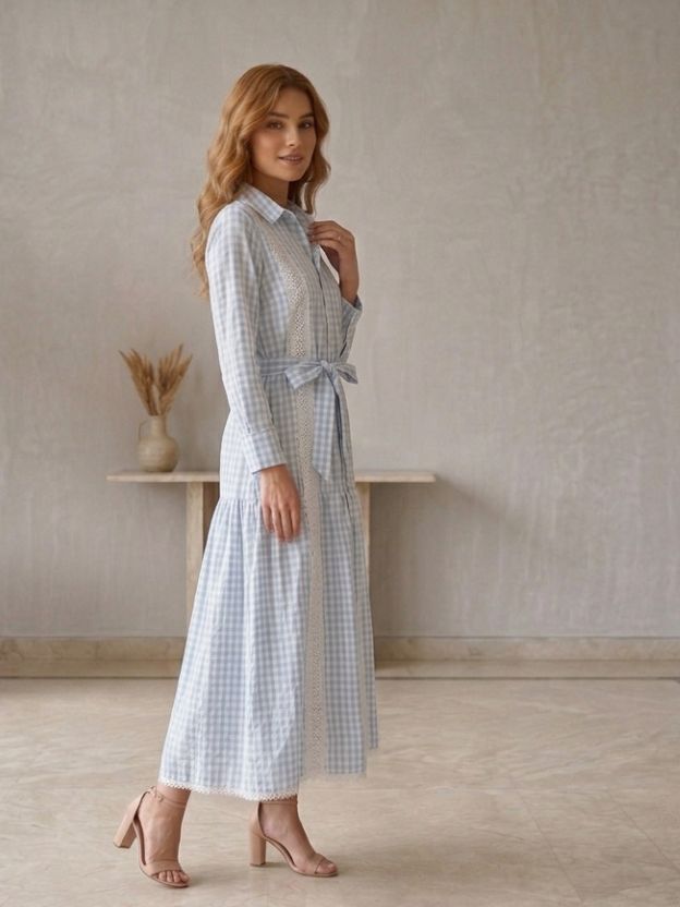 Elegant Gingham Shirt Dress with Lace Panel Detailing