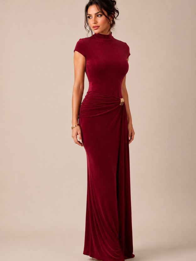 Women's Elegant Mock Neck Ruched Maxi Dress with Gold Buckle Detail | Bodycon Evening Party Gown | Wine Brown