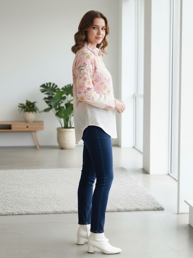 White & Blue Sheer Cotton Blend Shirt with Intricate Embroidery