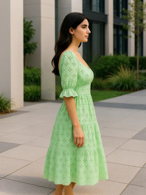 Estelle Pink and Green Laced Organic Hakooba Schiffli Midi Dress