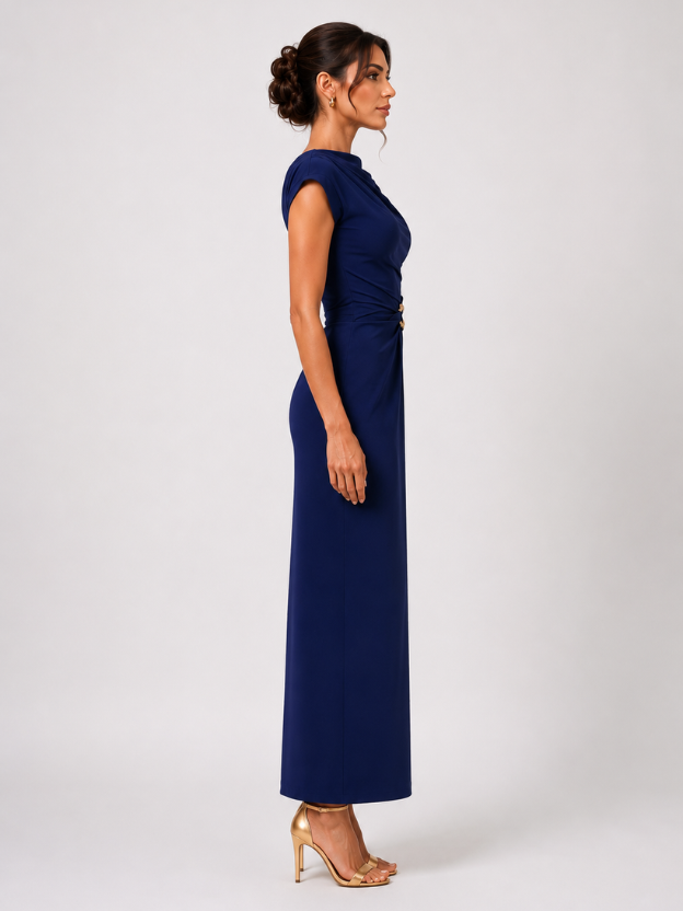 Women's Elegant Cowl Neck Midi Dress with Side Slit & Waist Buckle | Party, Cocktail & Evening Dress