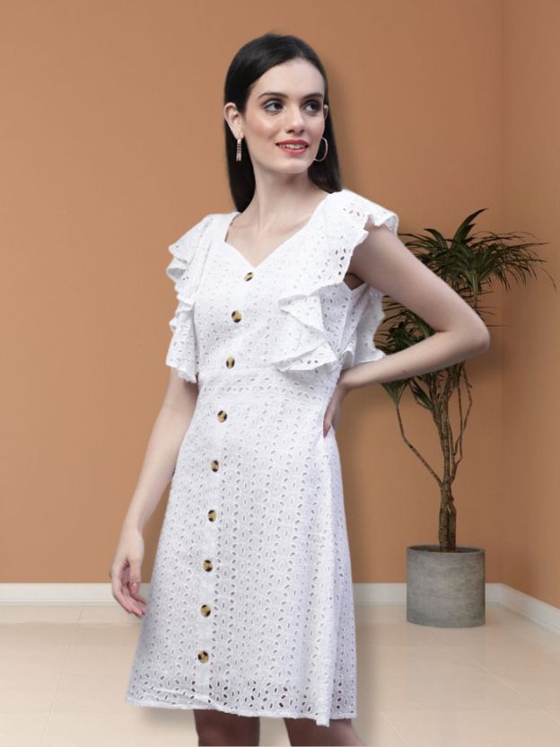Self Design Flutter Sleeves Cotton A-Line Dress