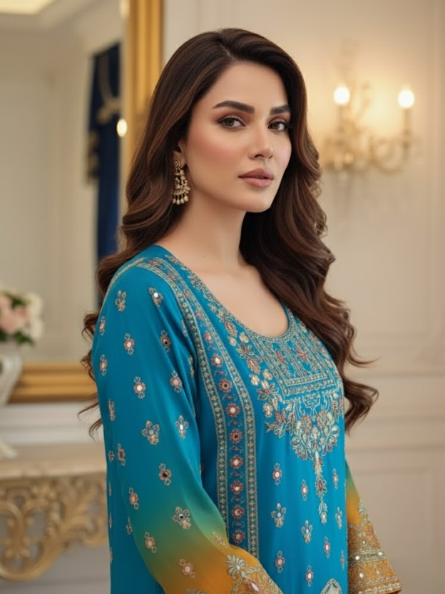 Azure Sunset Embroidered Crepe Ensemble
