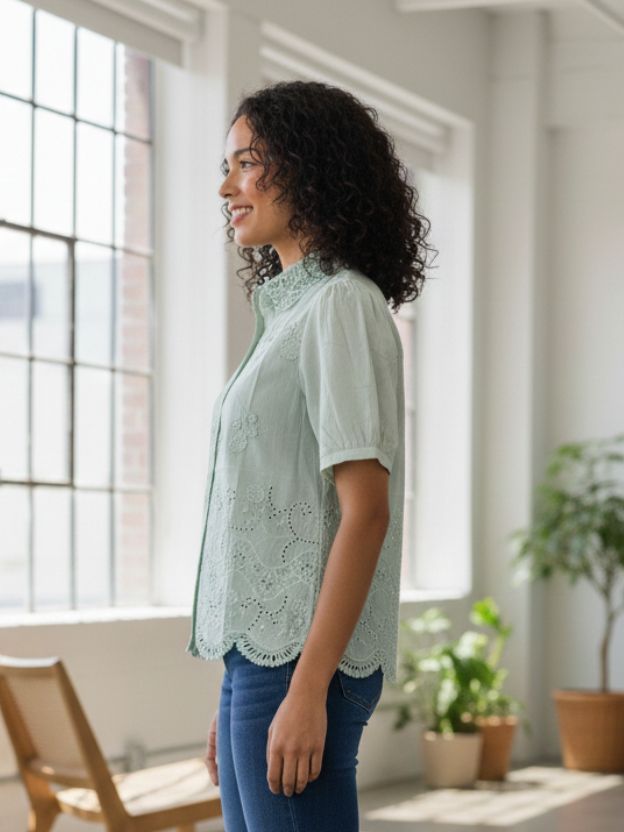Elegant Embroidered Scalloped Hem Shirt