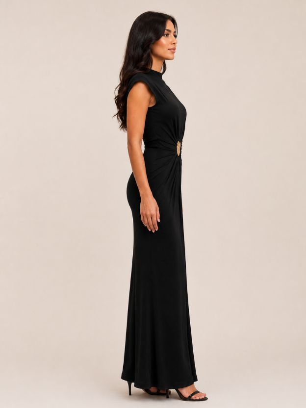 Women's Black Solid Maxi Bodycon Dress with Gold Brooch Detail | Elegant Evening Party Dress | Premium Stretch Long Dress