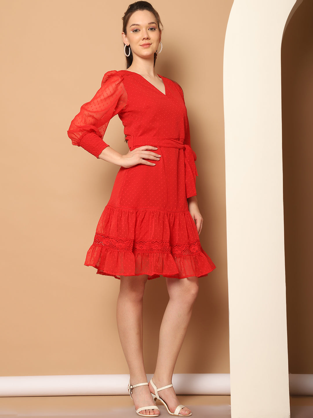 Puff Sleeve Ruffled Georgette Fit & Flare Dress