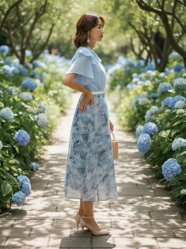 Elegant Floral Midi Dress with Soft Ruffle Details