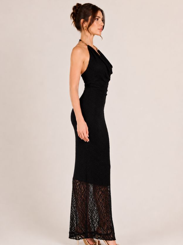 Seraphina Cowl Neck Halter Maxi Dress with Lace Hem – Black