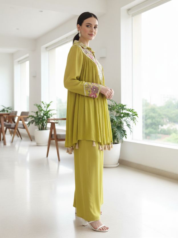 Anaya Bloom Essence Festive Lime Green Embroidered Co-ord with Tassel Detailing Co-ord Set