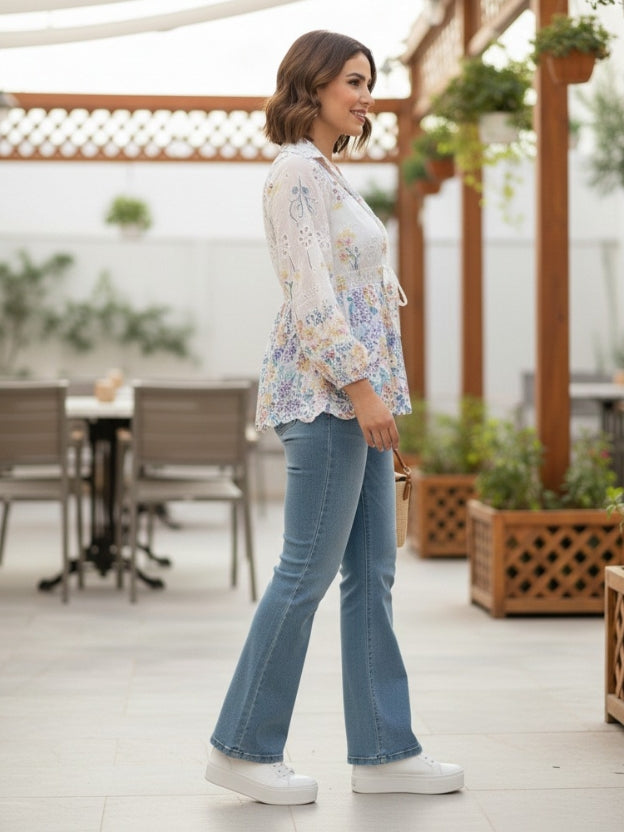 Sheer Floral Lace Tie-Front Peplum Shirt