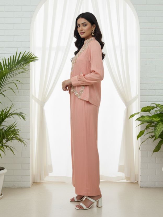 Blush Mirage Peach Embroidered Top with Scalloped Hem & Wide-Leg Pants Co-ord Set