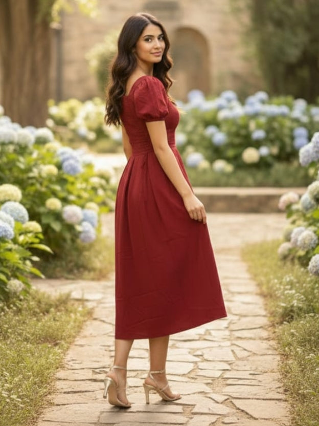 Elegant Burgundy Midi Dress for Women – Puff Sleeve Sweetheart Neckline Party Dress