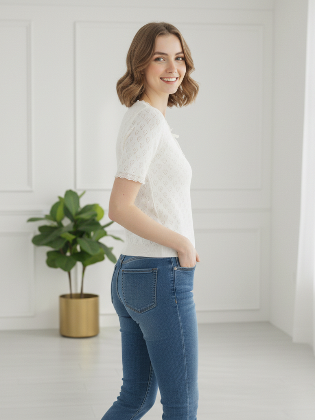 Lace-Trim Sweetheart Knit white Top