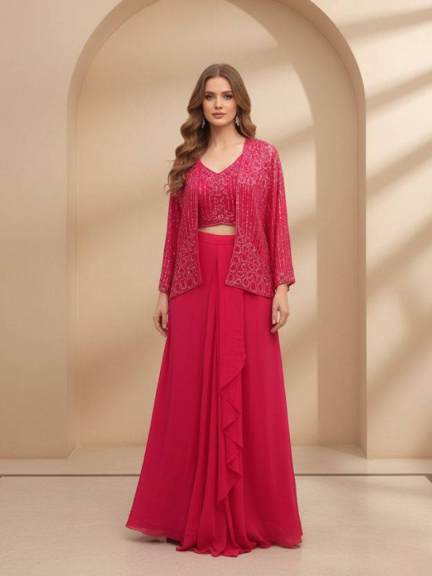 Rosetta Glow Sequinned Crop Top with Layered Ruffle Skirt & Embellished Jacket