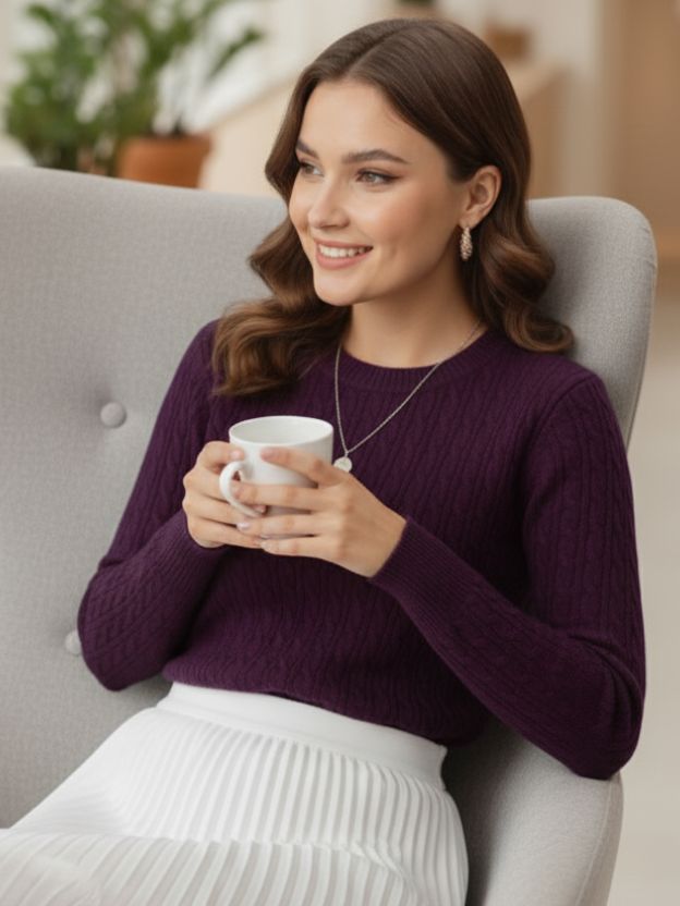 Crewneck Cable Knit Sweater.