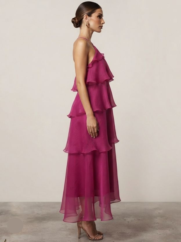 Women's Layered Organza Maxi Dress | Pink Halter Neck Party Wear Dress