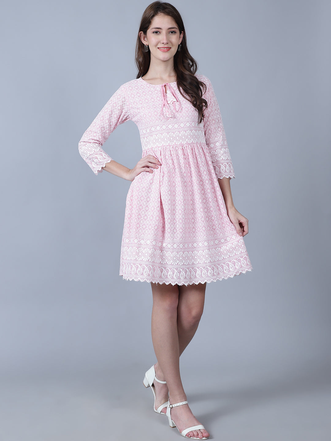 Geometric Embroidered Keyhole Neck Fit & Flare Dress