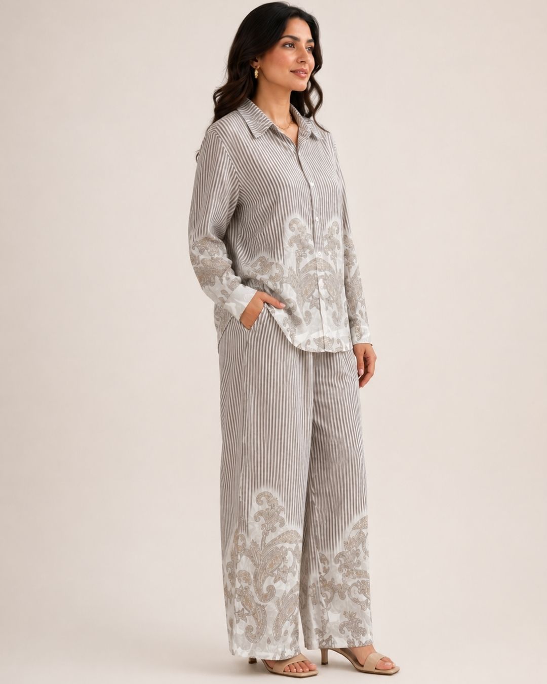 Women’s Striped Co-ord Set with Paisley Print | Button-Down Shirt & Wide Leg Pants