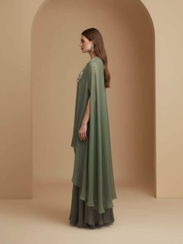 Elegant Sage Green Cape Coord Set with Floral Embroidery