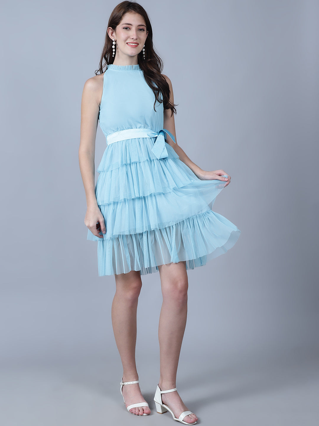 Sleeveless Layered Net Fit & Flare Dress